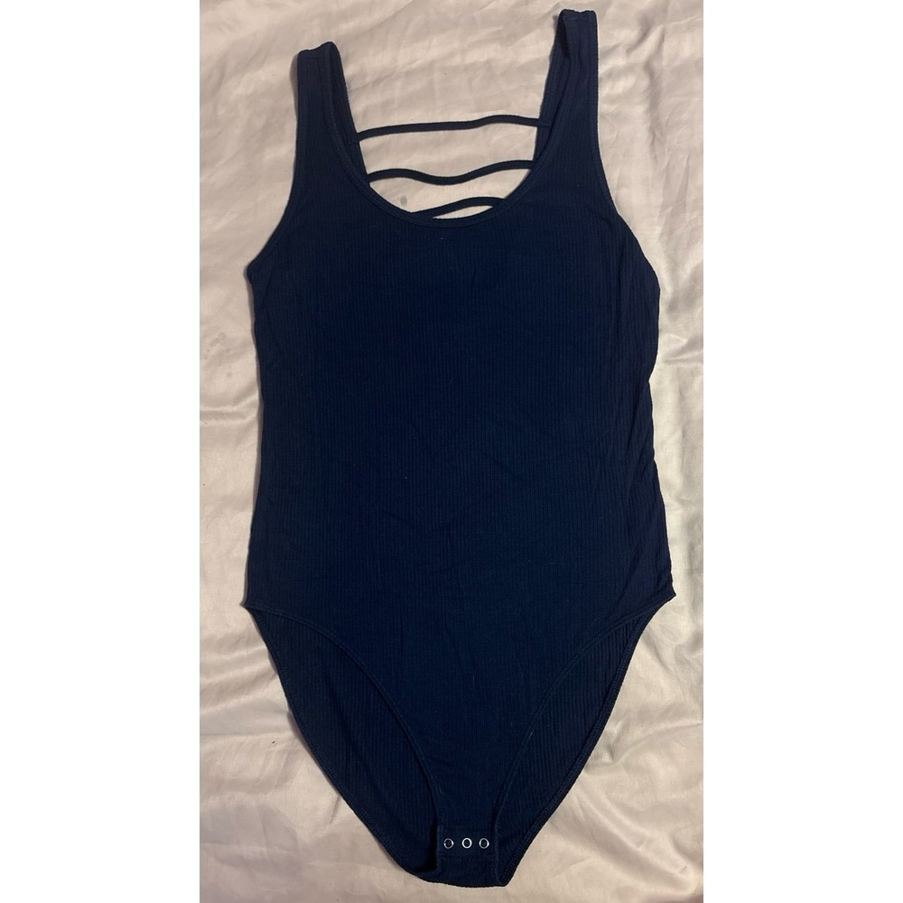 Victoria's Secret PINK Navy Ribbed Ladder Back Tank Bodysuit, Small